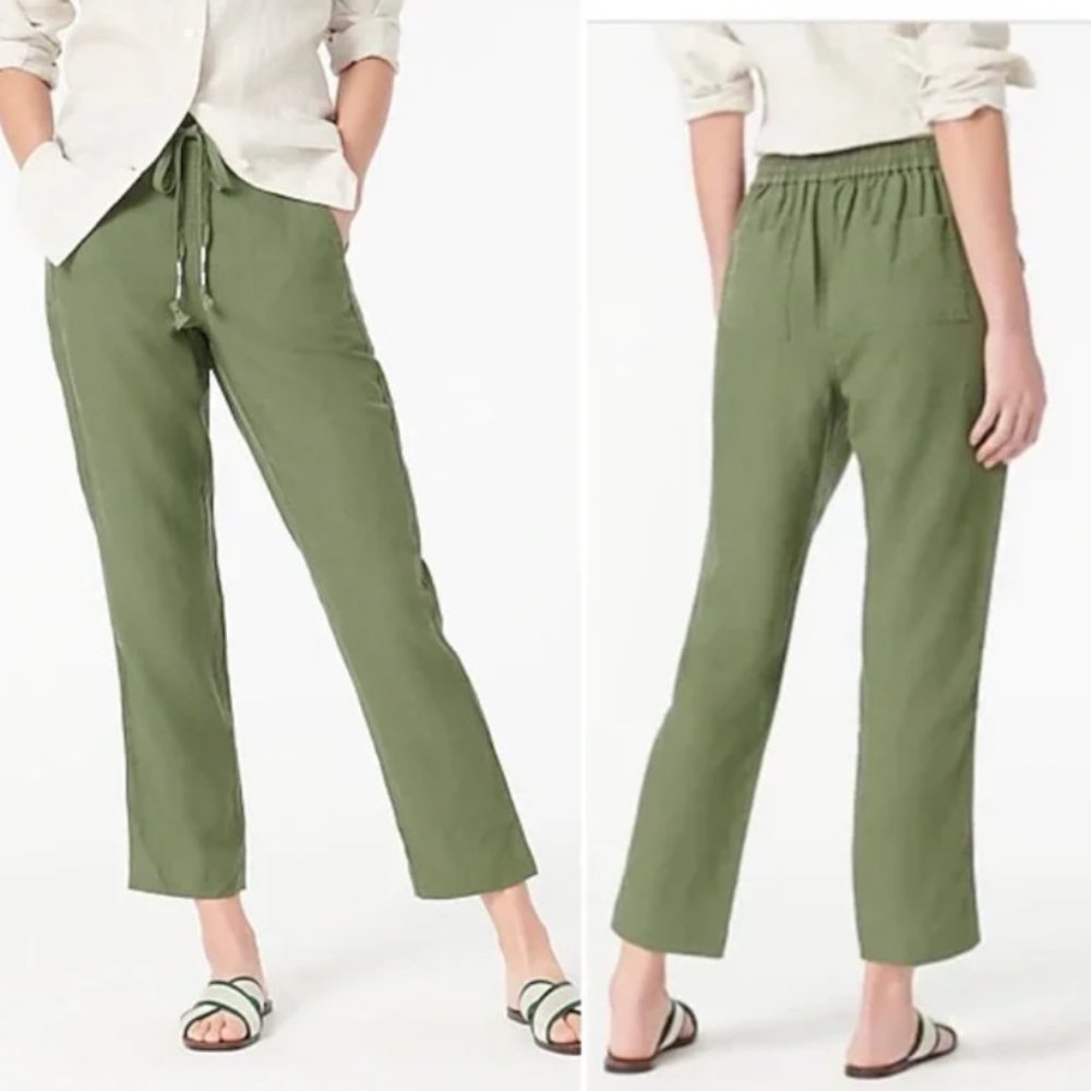 J Crew Tie-Waist Olive Green Linen Blend Seaside Straight Pants